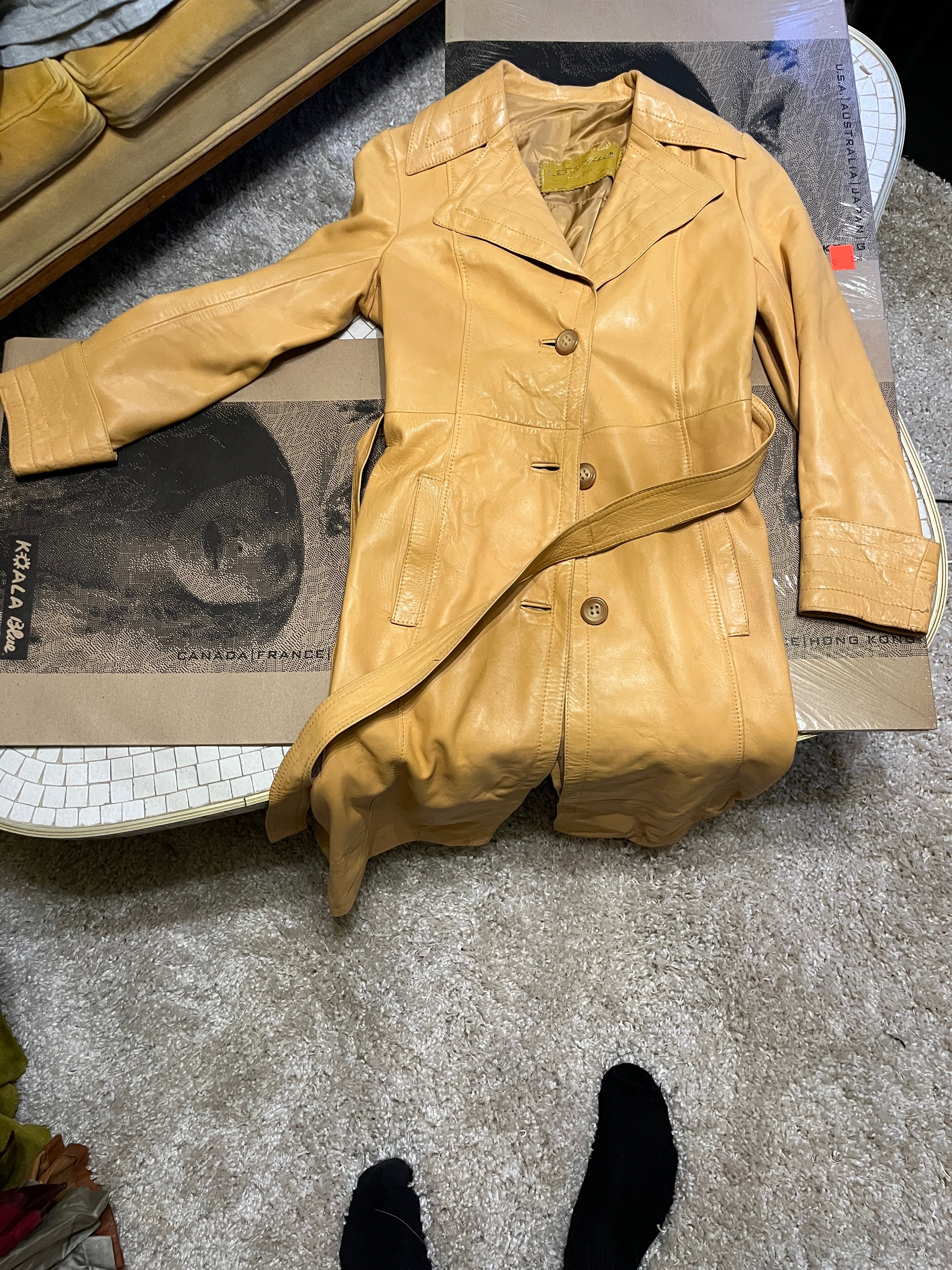 Vintage 70s Leda Spain by gropper yellow leather trench coat made in Spain custom  zz