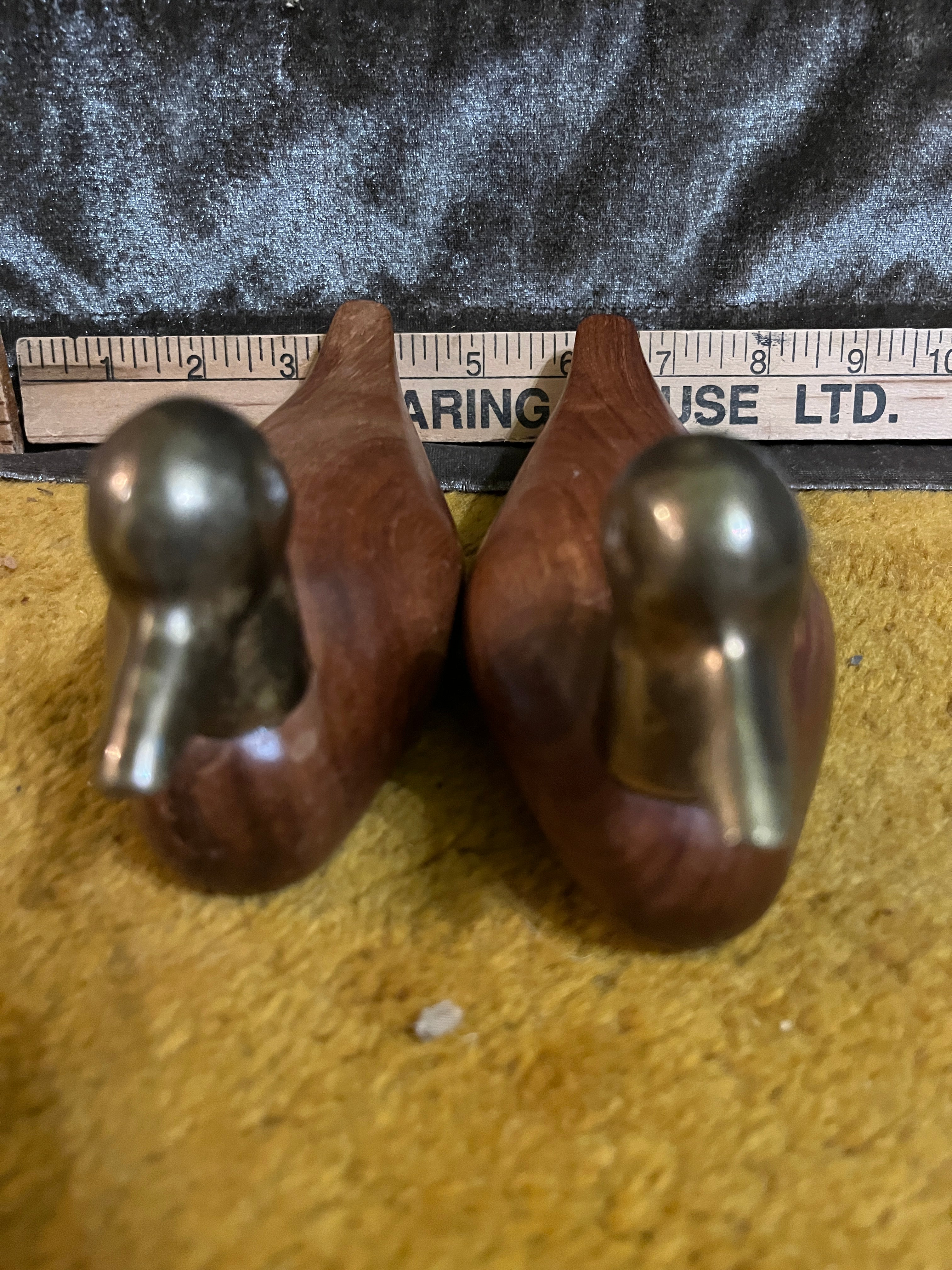 Vintage Mid-Century Style Wood & Solid Brass Duck Figurines - Pair, Made in India BR-15601. pf