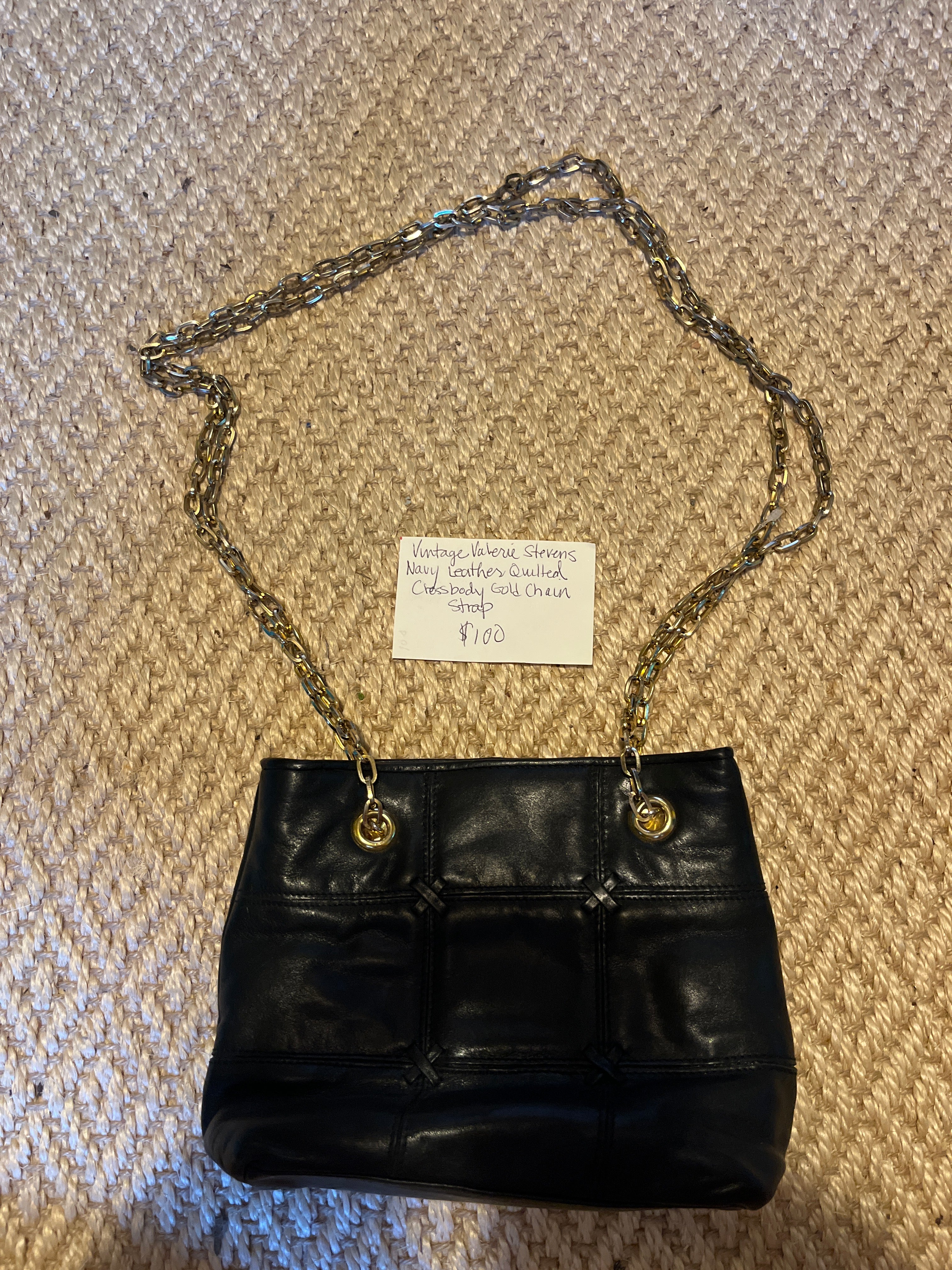 Vintage Valerie Stevens navy leather quilted crossbody gold chain strap purse pfg