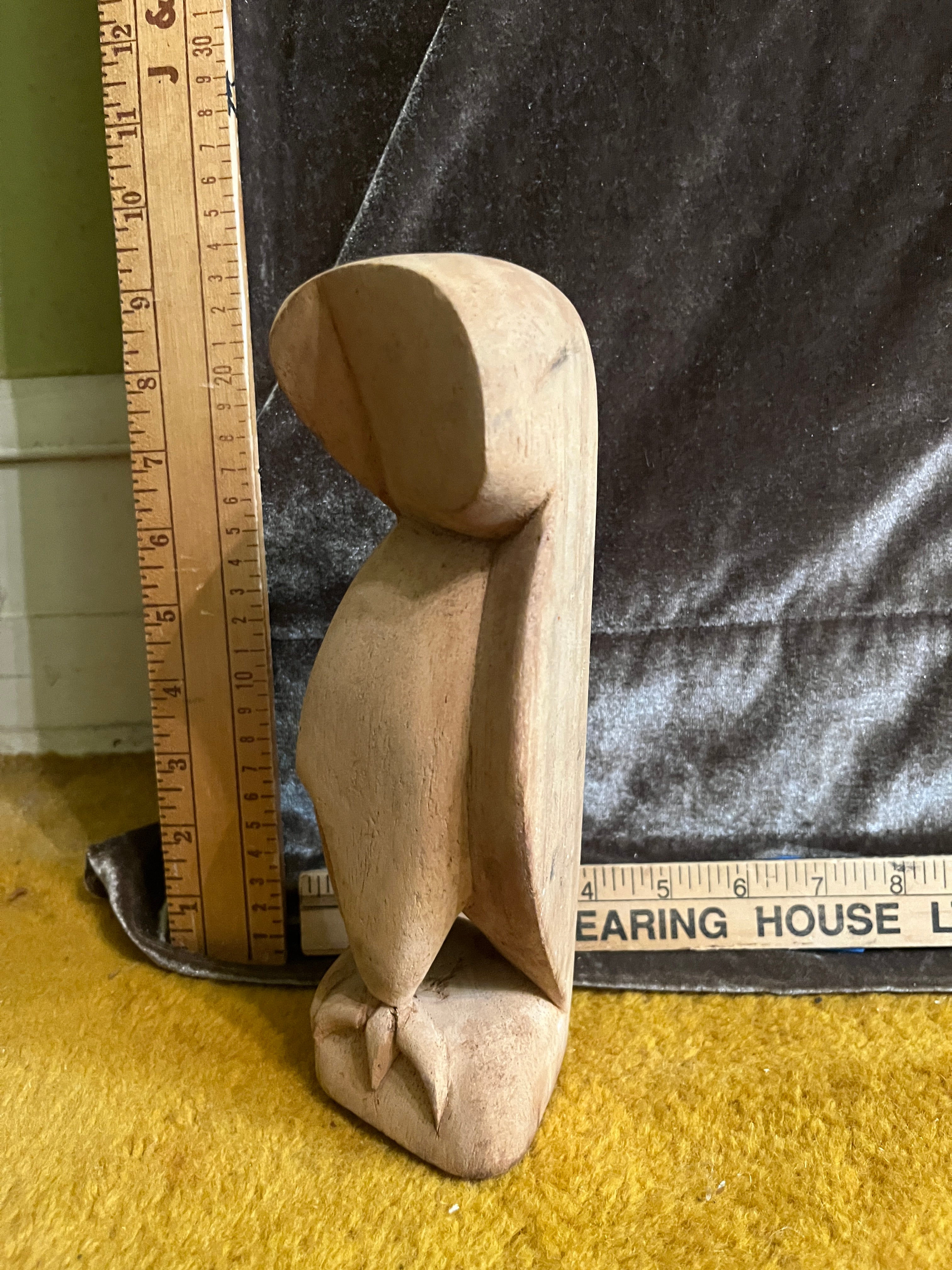 Vintage Mid Century Modern Hand Carved Wooden Owl Sculpture Minimalist MCM 8x4 pf