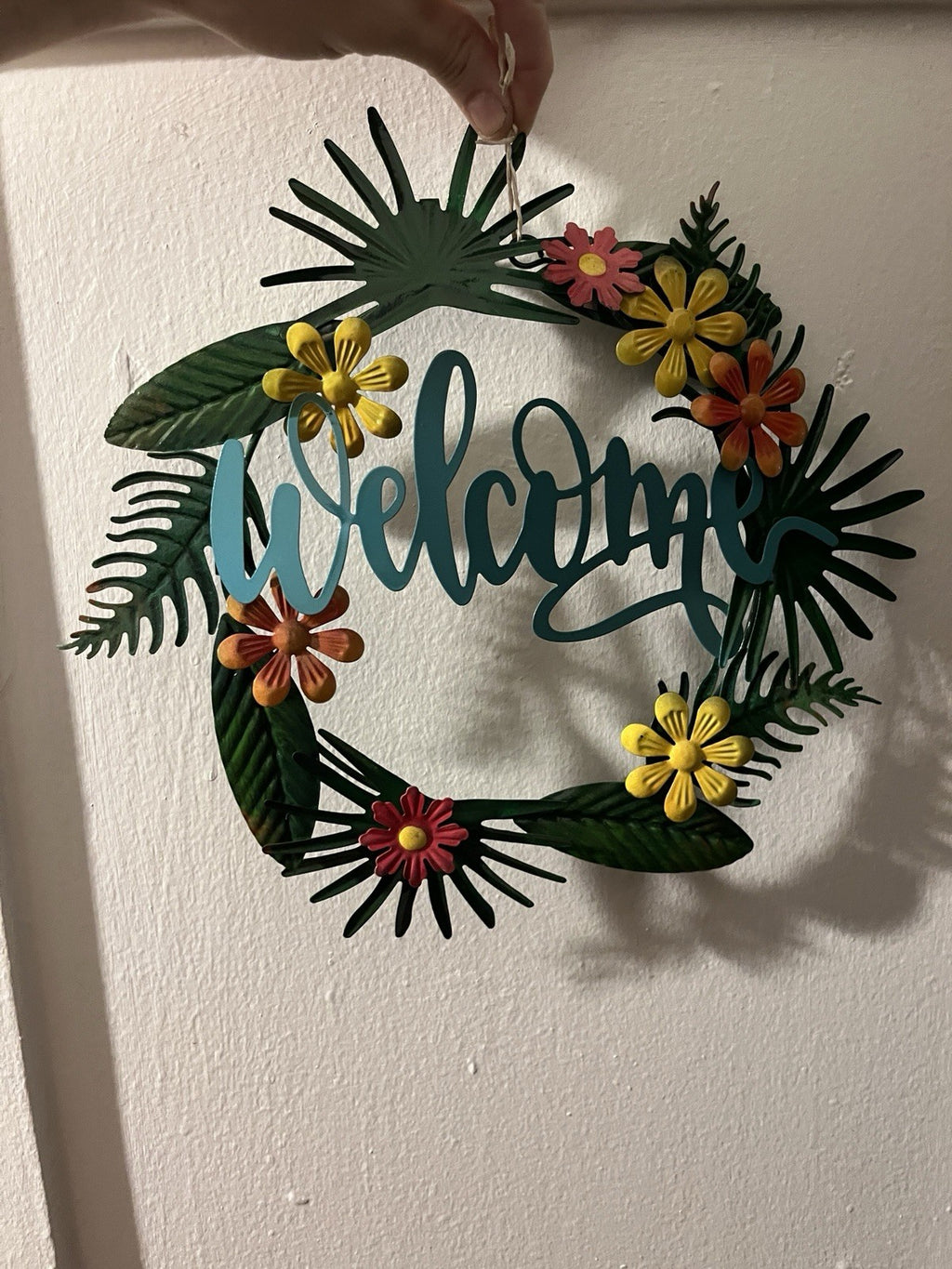 13” Tropical Flower Welcome Sign Decor Metal Wreath For Door Or Wall