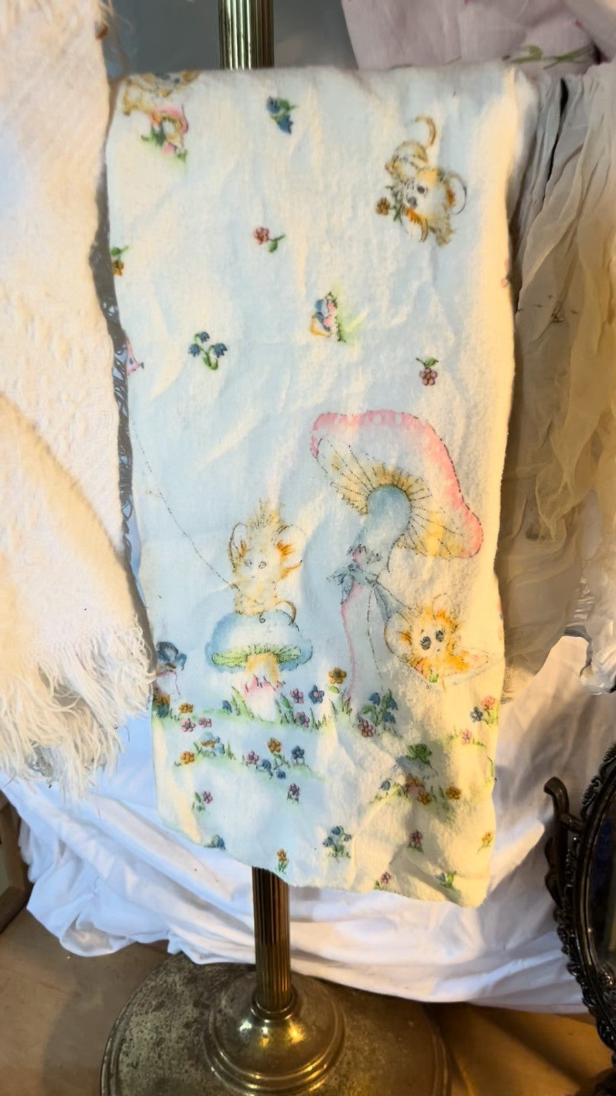 Vintage 70s 80s Mushroom Critter Nursery Blanket Pastel Woodland Baby Throw USA