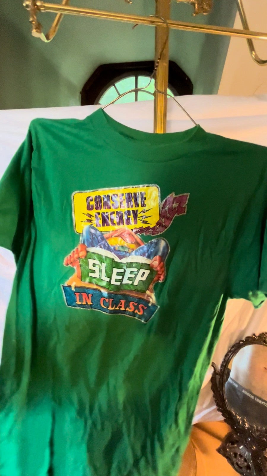 Vintage 80s Conserve Energy Sleep In Class Tee Ched Tag Green Humor Graphic L