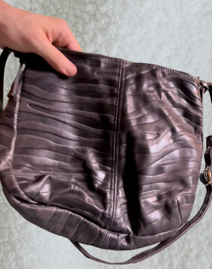 Vintage 1980s Embossed Leather Shoulder Bag – Zebra Texture, Minimalist Crescent