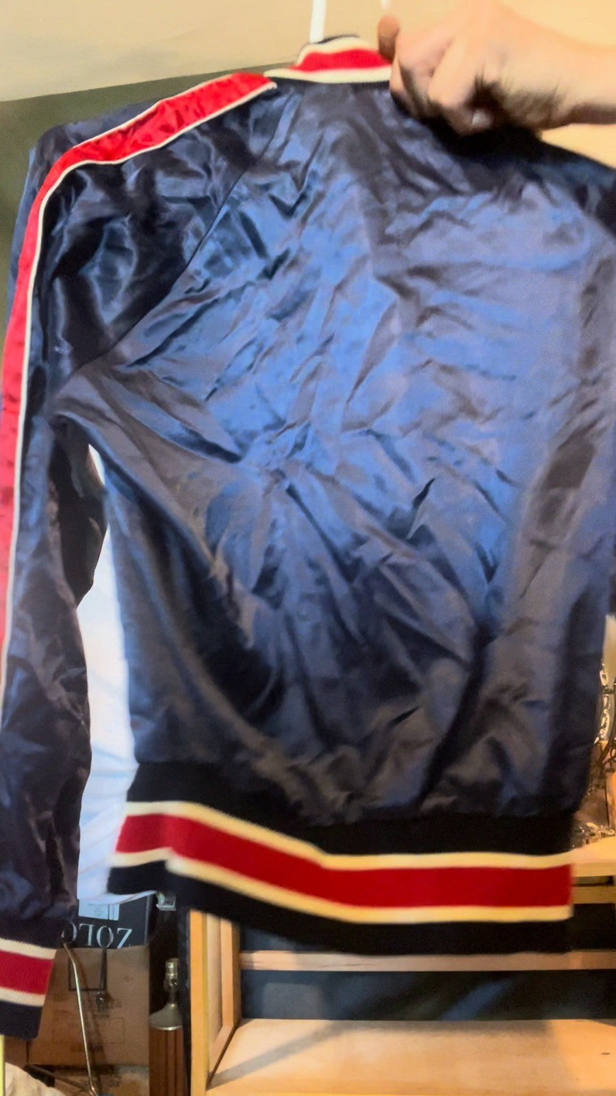 Vintage 1970s Sears Put On Shop Satin Jacket Navy Red Chain Stitch Heather