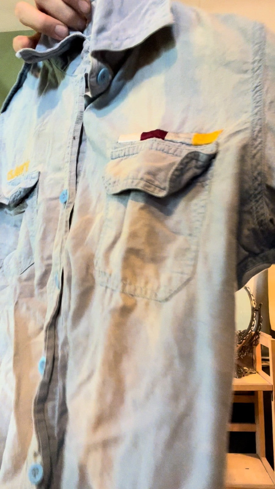 rare custom US Navy Chambray Shirt Vietnam Era w/ Embroidery & Service Stripes