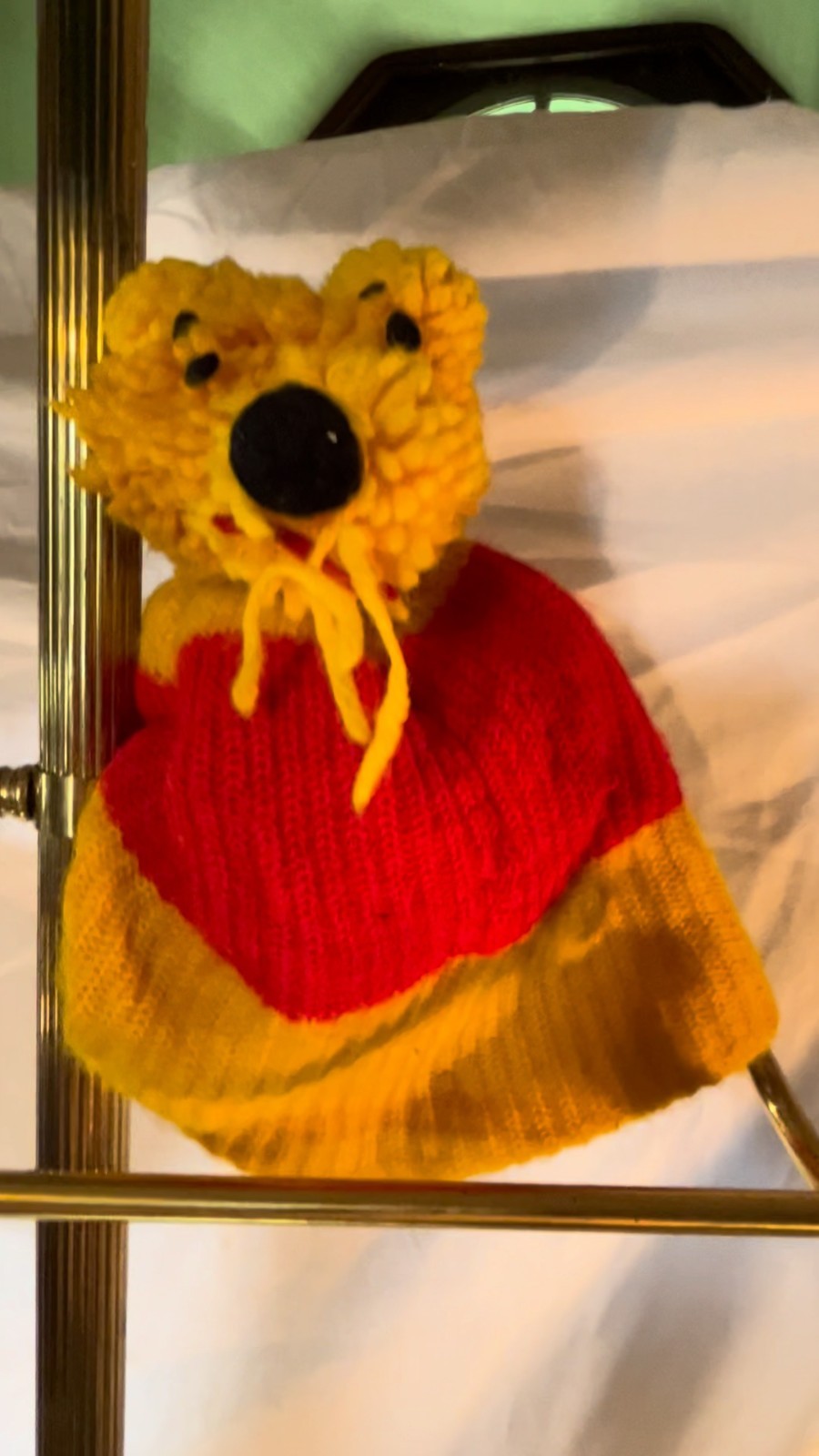 Vintage Crochet Bear Beanie Handmade Yellow Red Novelty Winter Hat 80s 90s
