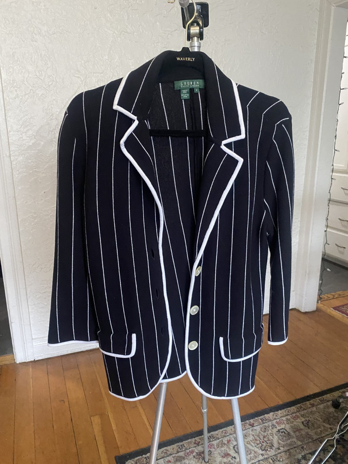 Ralph Lauren Navy Pinstriped Cotton Knit Blazer Women Size Small