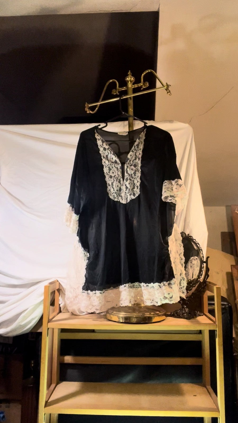 Vintage 70's Erica Loren New York Black Sheer Tunic Top White Lace Made in USA