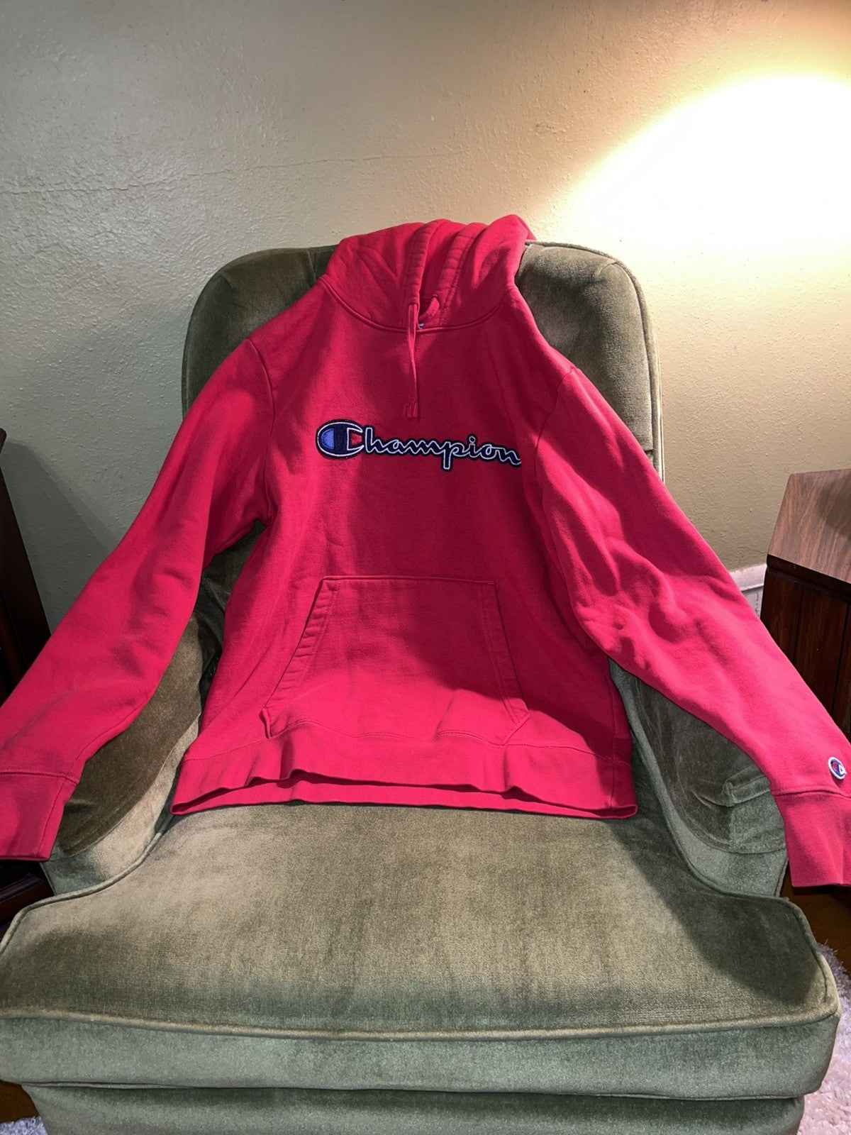 Vintage Champion Red Hoodie Medium Embroidered Logo Pullover Sweatshirt