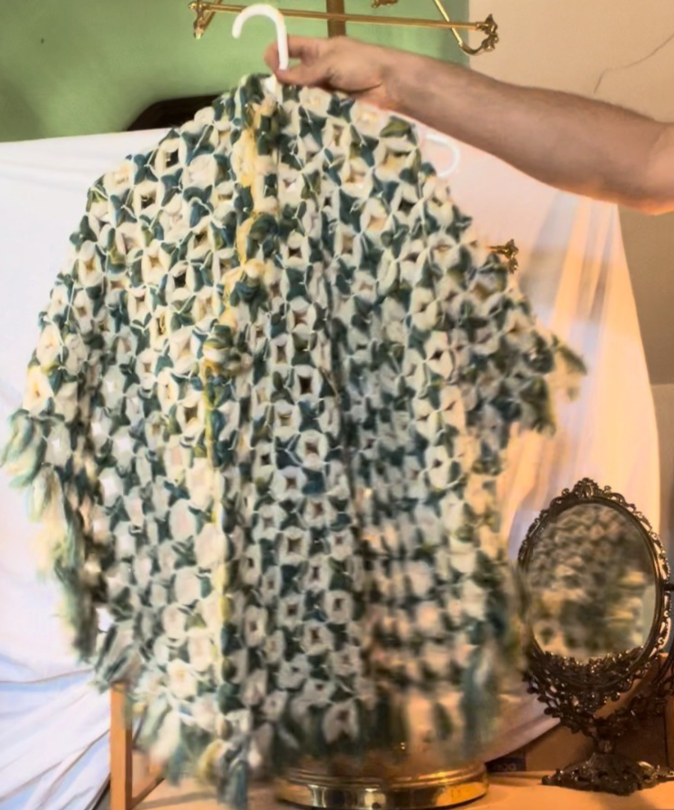 Vintage 70s Handmade Crochet Poncho Sweater Sleeved Boho Green Yellow One Size