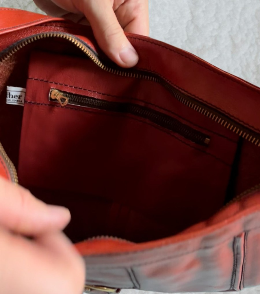 Vintage Red Genuine Leather Structured Shoulder Bag w Buckle Detail