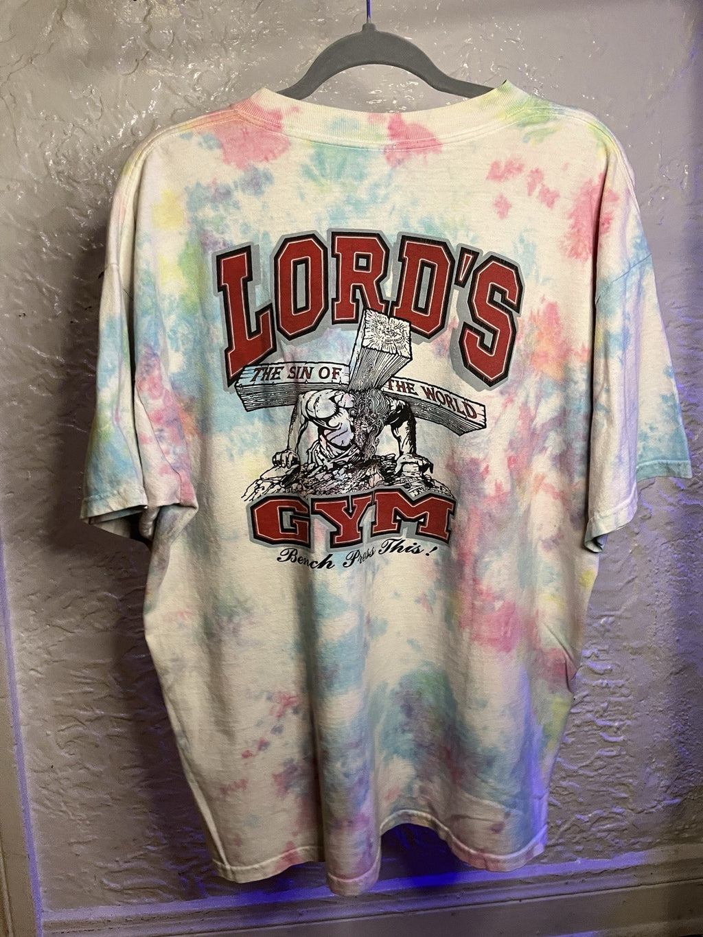 Upcycled One‑off‑Kind Tie‑Dye Shirt LA Cracked Smiley Front / Lord’s Gym Back 🌊
