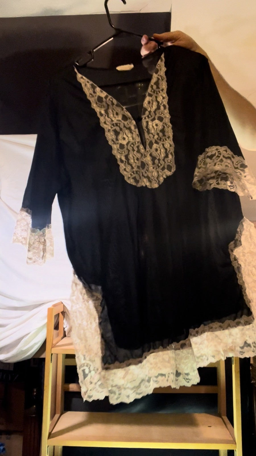 Vintage 70's Erica Loren New York Black Sheer Tunic Top White Lace Made in USA