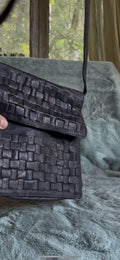 70s Vintage Woven Black Leather Crossbody Bag Tano of Madrid Spain Purse Boho