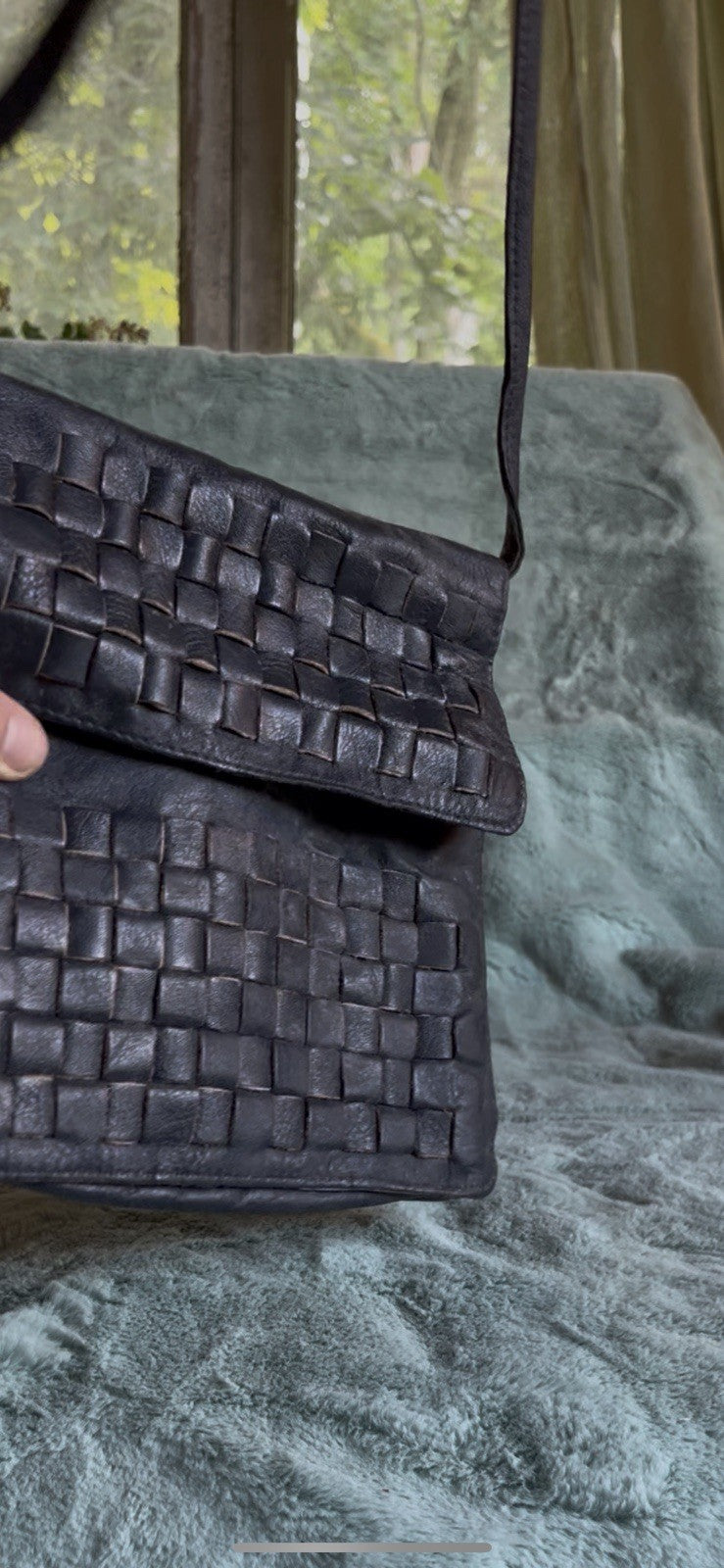 70s Vintage Woven Black Leather Crossbody Bag Tano of Madrid Spain Purse Boho
