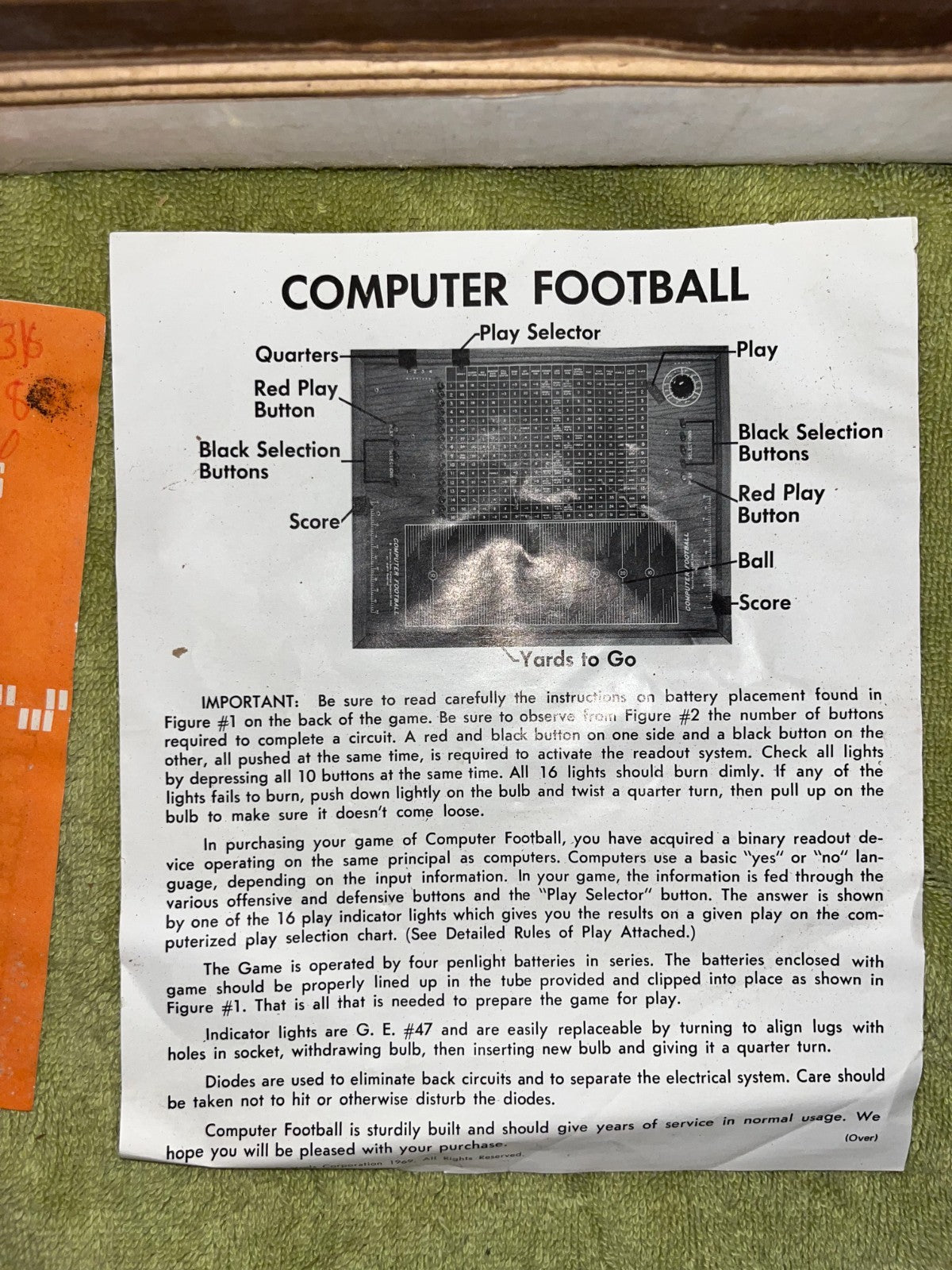 1969 Electronic Data Controls Computer Corp. Electronic Football Not Working