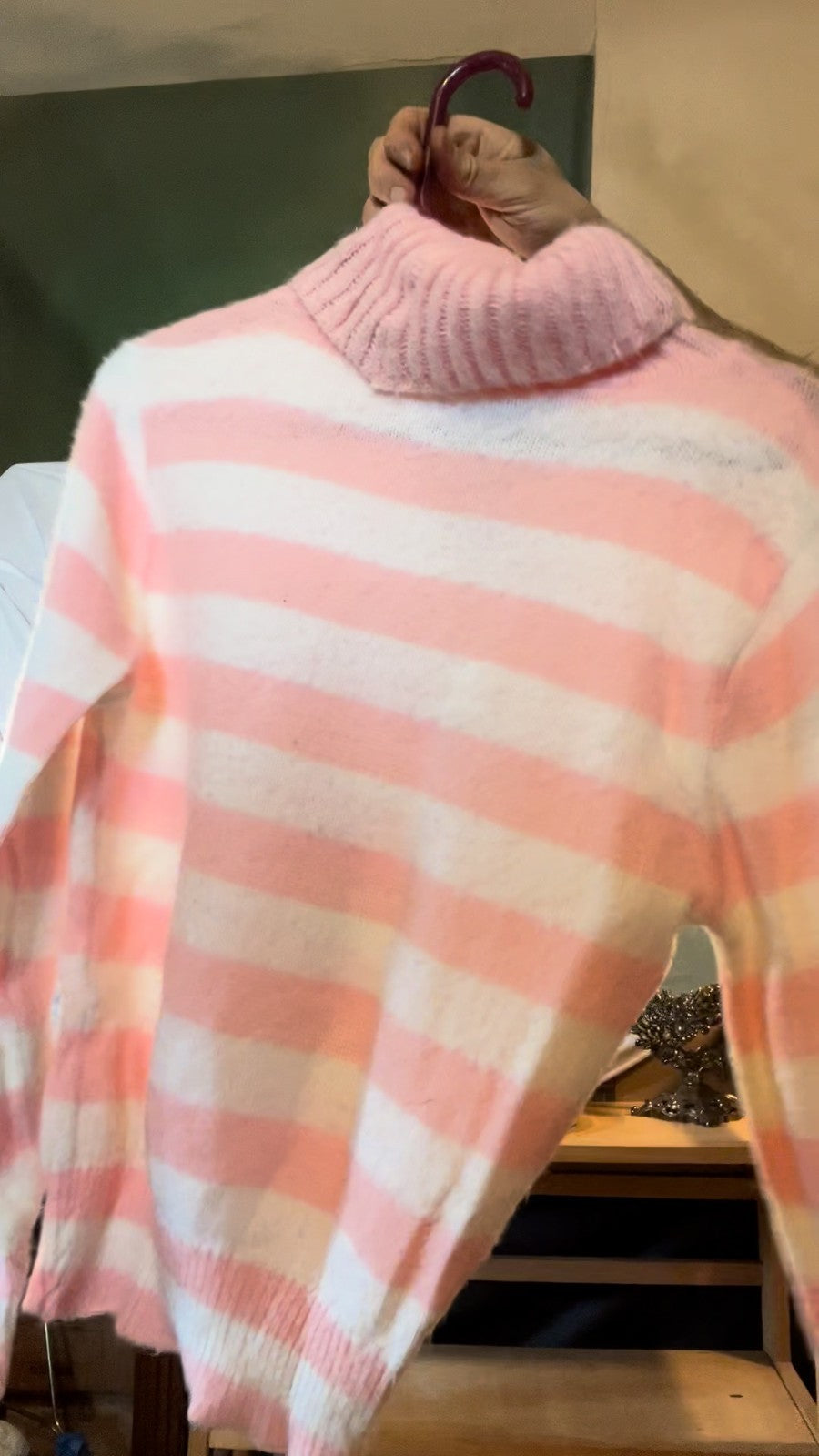 Vintage 70s Pink White Striped Turtleneck Sweater Unbranded Acrylic Women’s S/M