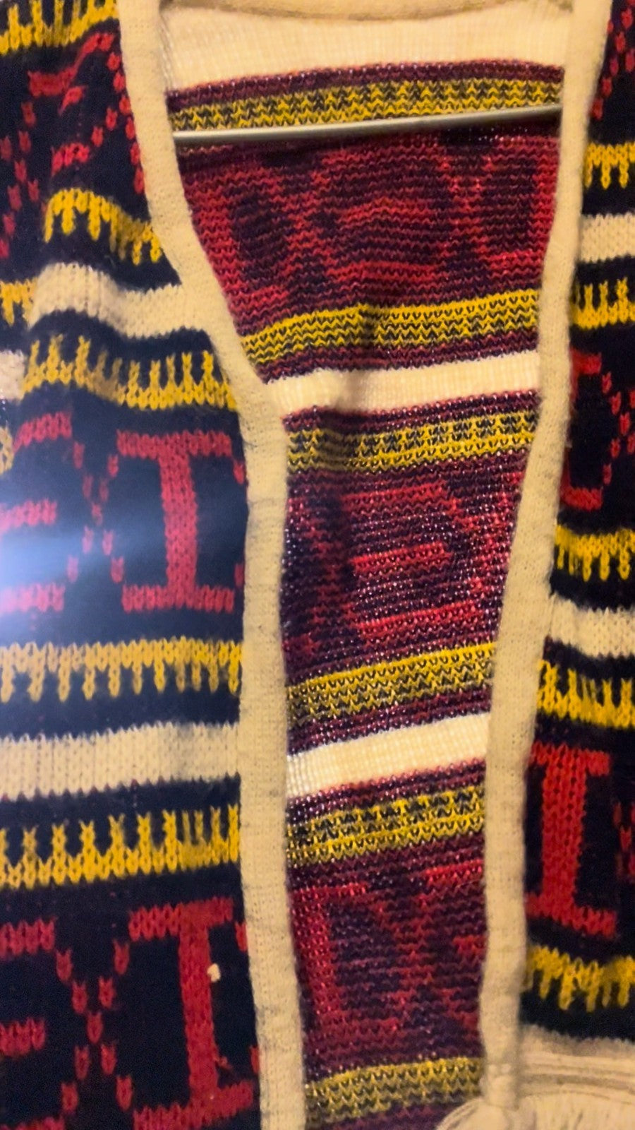 Vintage 1970s Knit Wool Vest Geometric Folk Knit Fringe