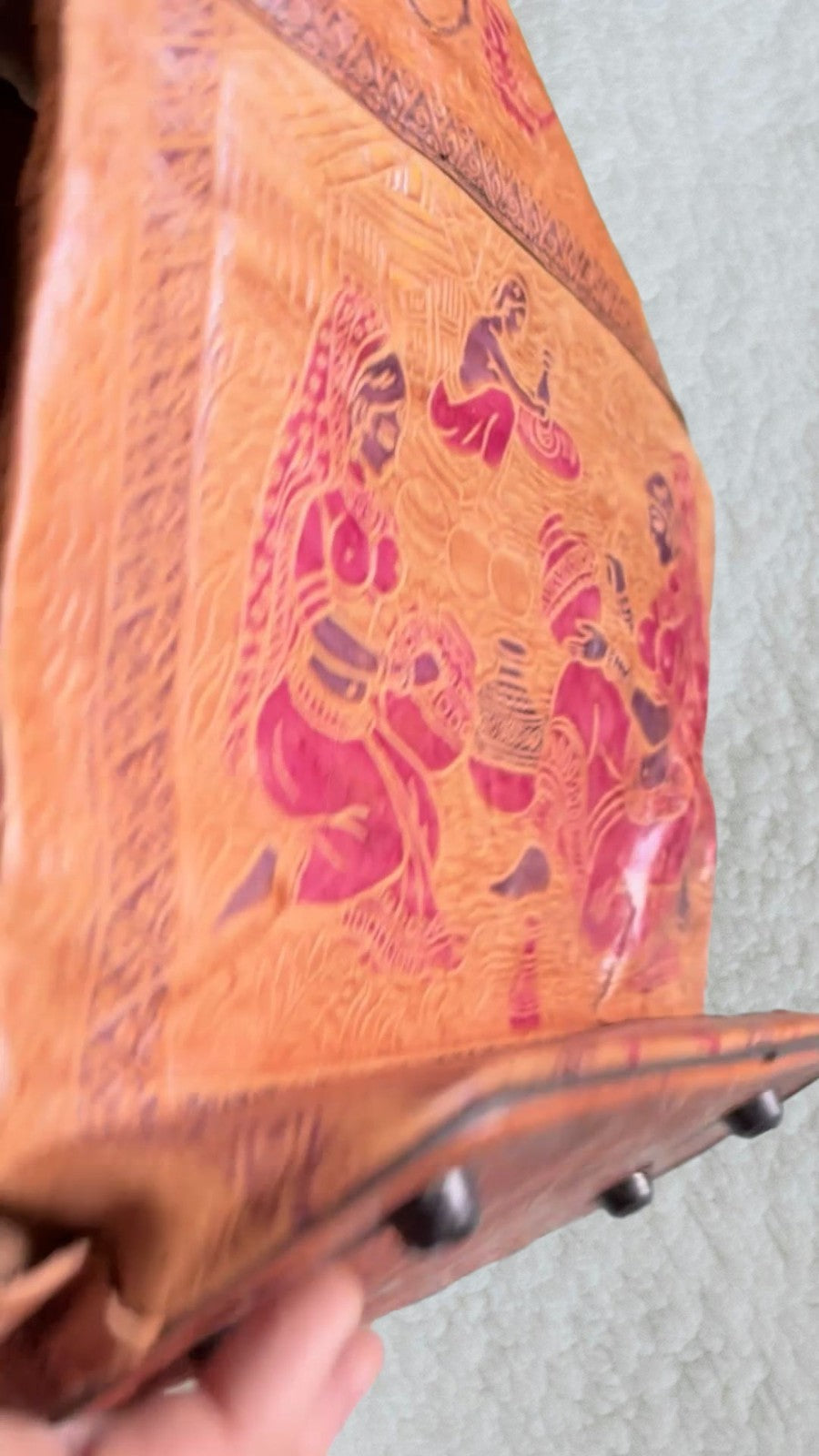 Punita Indian Tooled Leather Tote Bag Embossed On Sides, please watch video