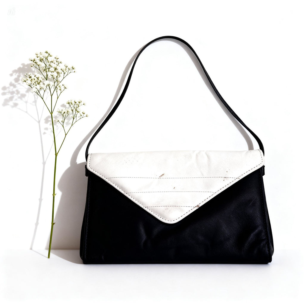Vintage 70's white and black leather envelope clutch bag
