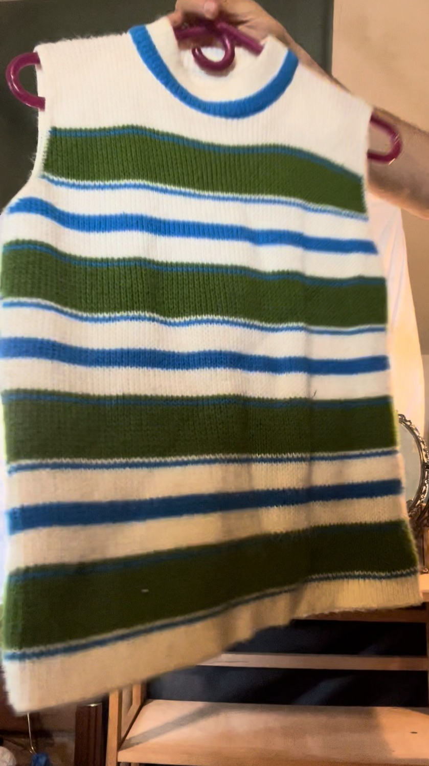 Vintage 70s 80s Striped Knit Sweater Vest Blue Green White Unisex Retro M