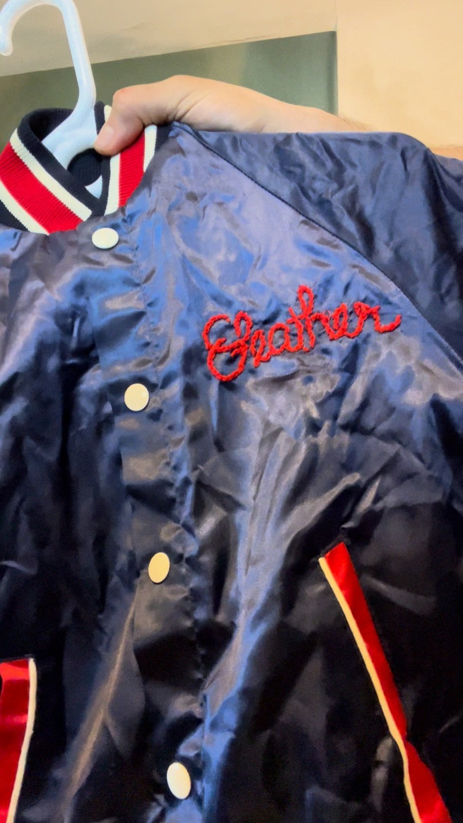 Vintage 1970s Sears Put On Shop Satin Jacket Navy Red Chain Stitch Heather