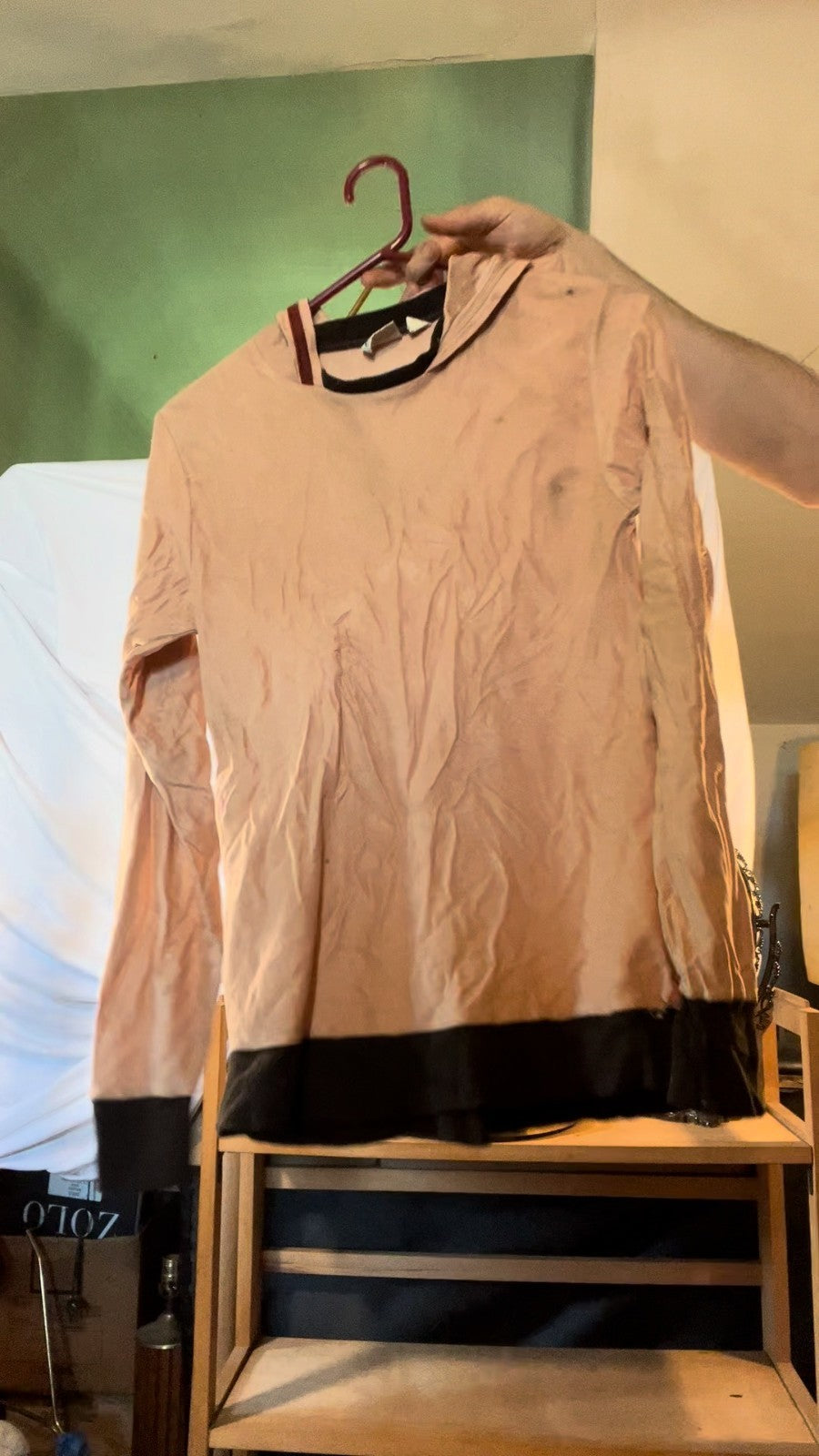 Vintage 70s Knits by NWB Permanent Press Top Tan Black Trim Unisex Retro S/M