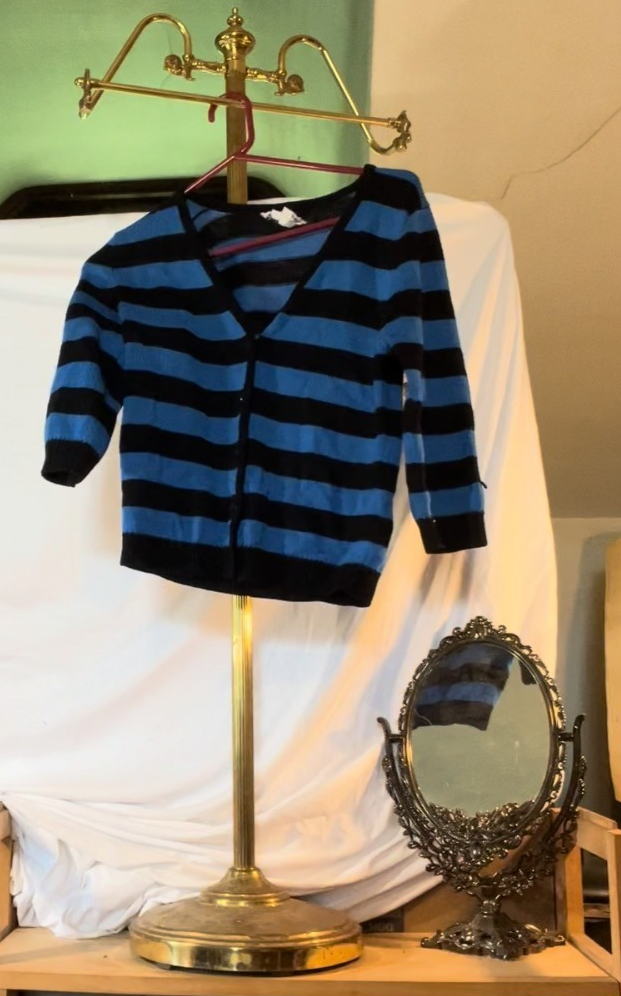 Vintage Francesca Damon Sport Cardigan Blue Black Striped Hong Kong 80s S