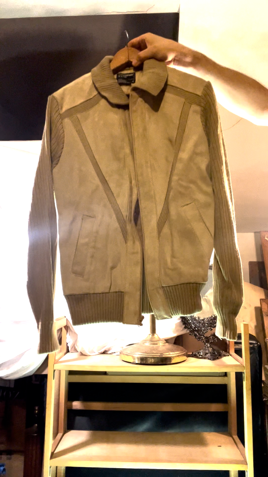 Vintage Suede Bomber Jacket By Christopher Rand Size L Knit Back Sleeves Tan