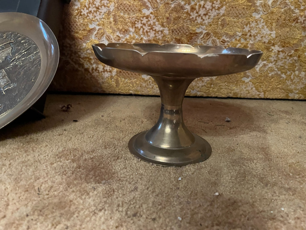 Vintage Footed Etched Brass Altar Dish Bowl Pedestal Asian
