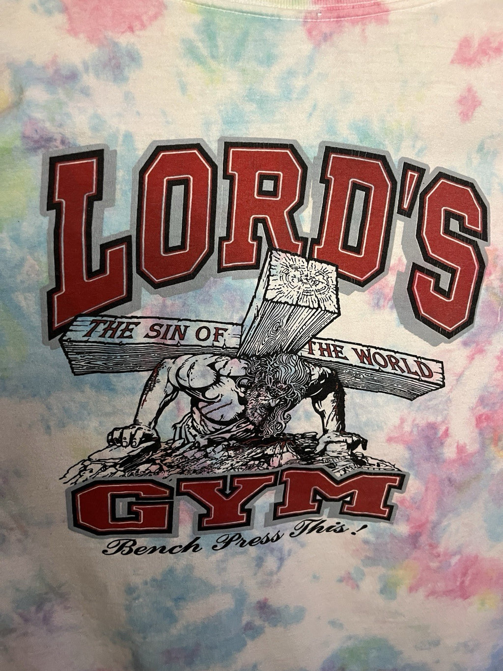 Upcycled One‑off‑Kind Tie‑Dye Shirt LA Cracked Smiley Front / Lord’s Gym Back 🌊