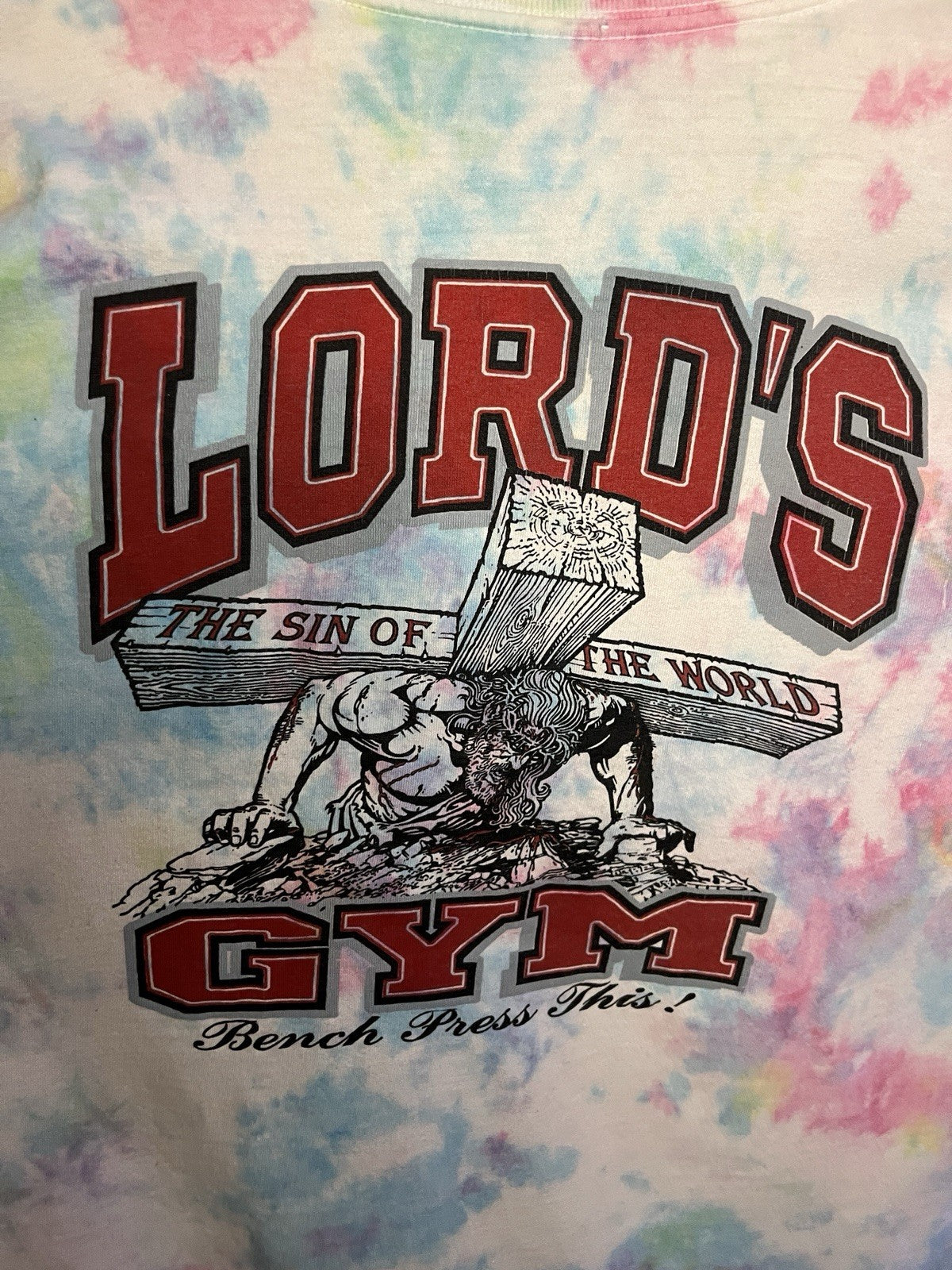 Upcycled One‑off‑Kind Tie‑Dye Shirt LA Cracked Smiley Front / Lord’s Gym Back 🌊
