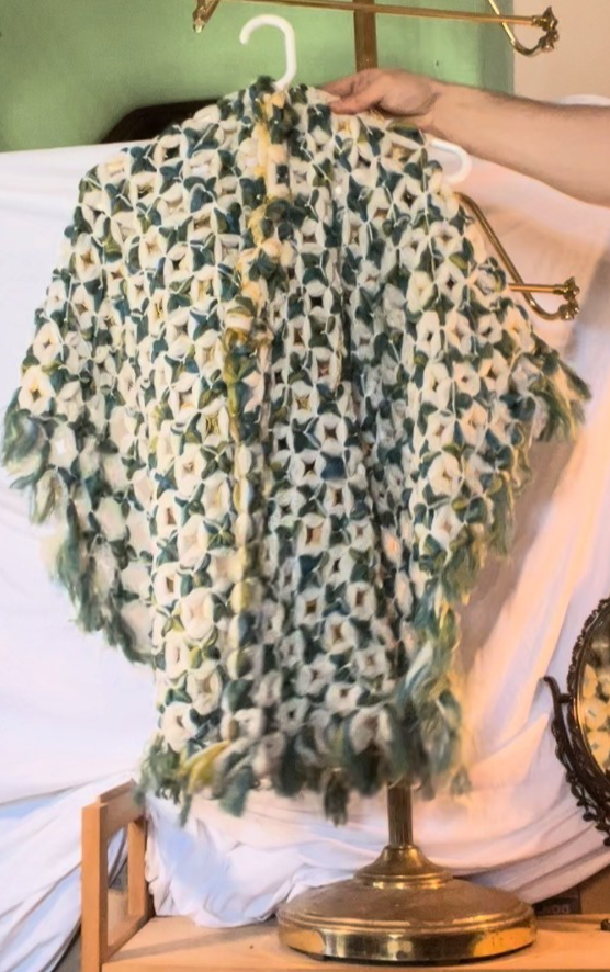 Vintage 70s Handmade Crochet Poncho Sweater Sleeved Boho Green Yellow One Size