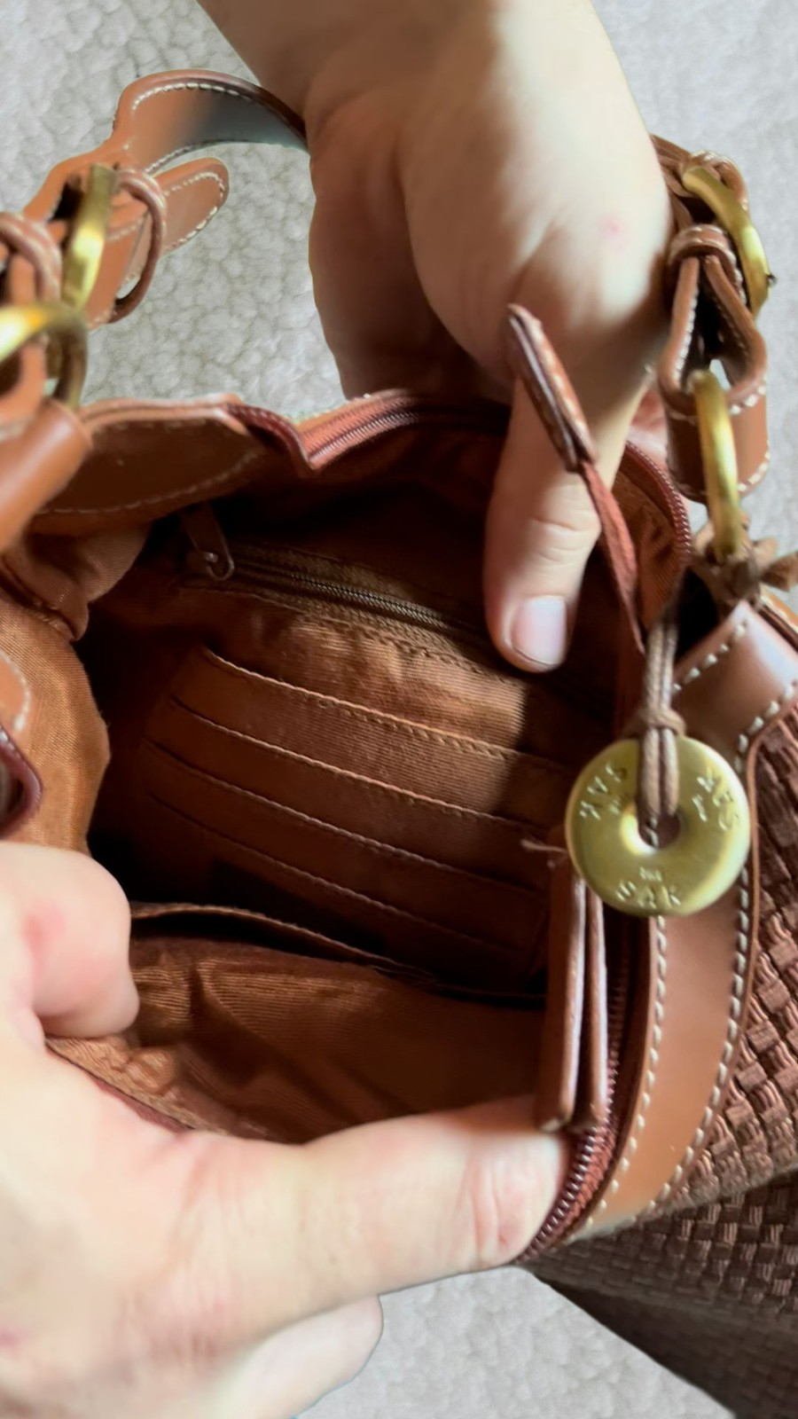 The Sak Brown Woven Shoulder Bag – Leather Trim