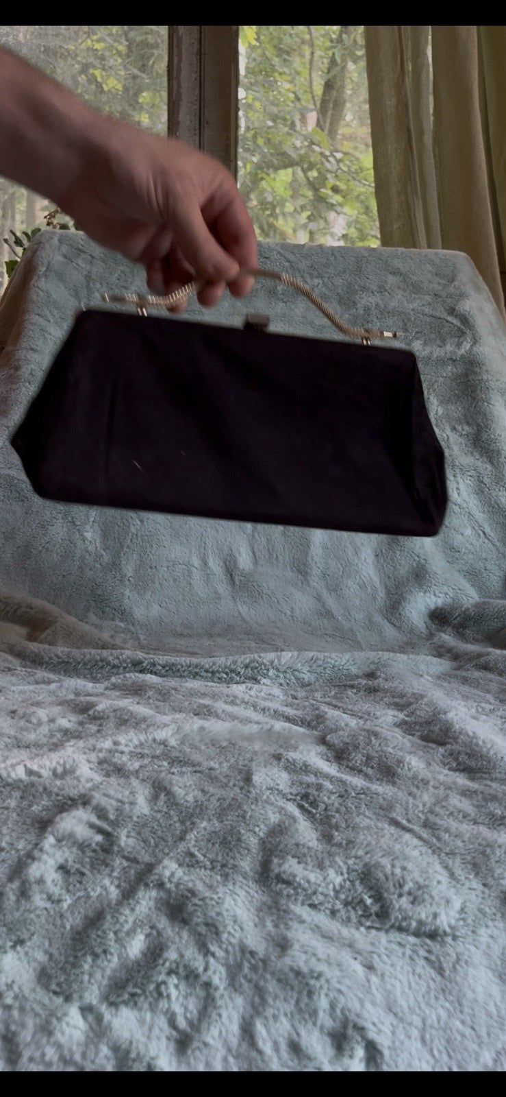 vintage Andé black satin clutch with a silver-tone Snake chain Design strap