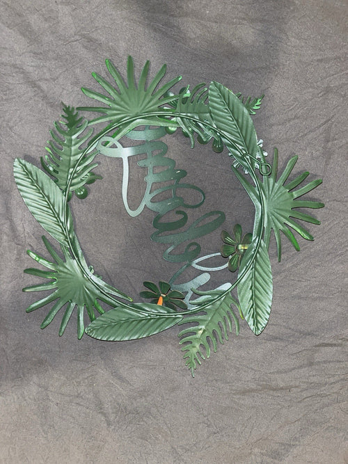 13” Tropical Flower Welcome Sign Decor Metal Wreath For Door Or Wall