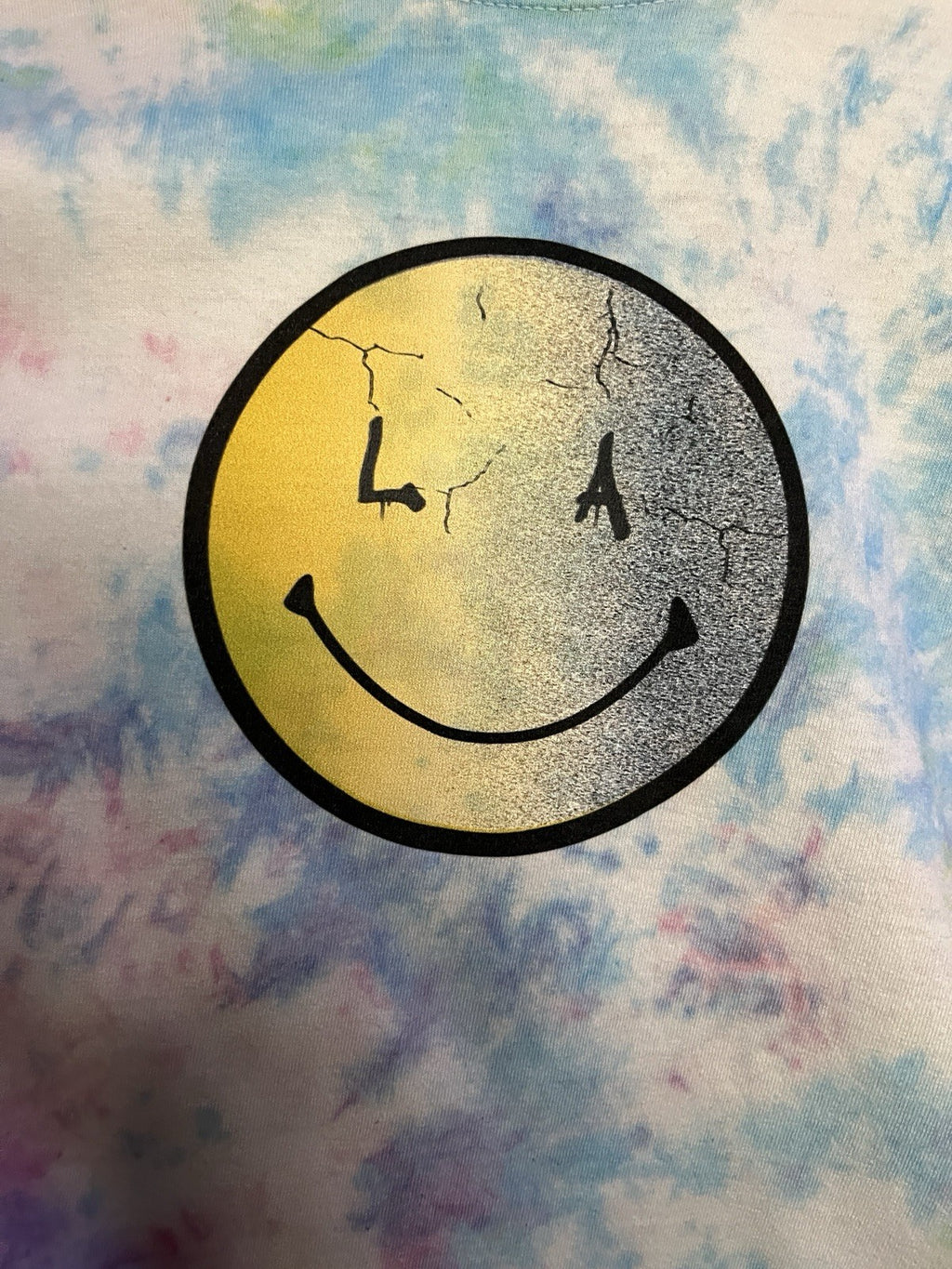 Upcycled One‑off‑Kind Tie‑Dye Shirt LA Cracked Smiley Front / Lord’s Gym Back 🌊