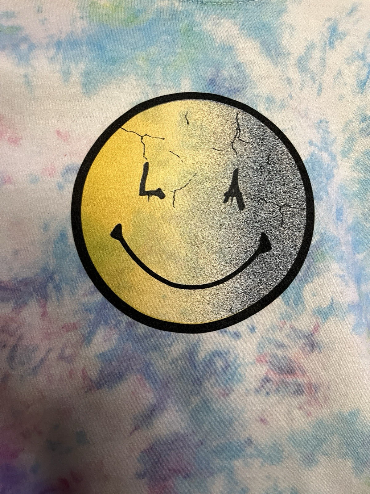 Upcycled One‑off‑Kind Tie‑Dye Shirt LA Cracked Smiley Front / Lord’s Gym Back 🌊