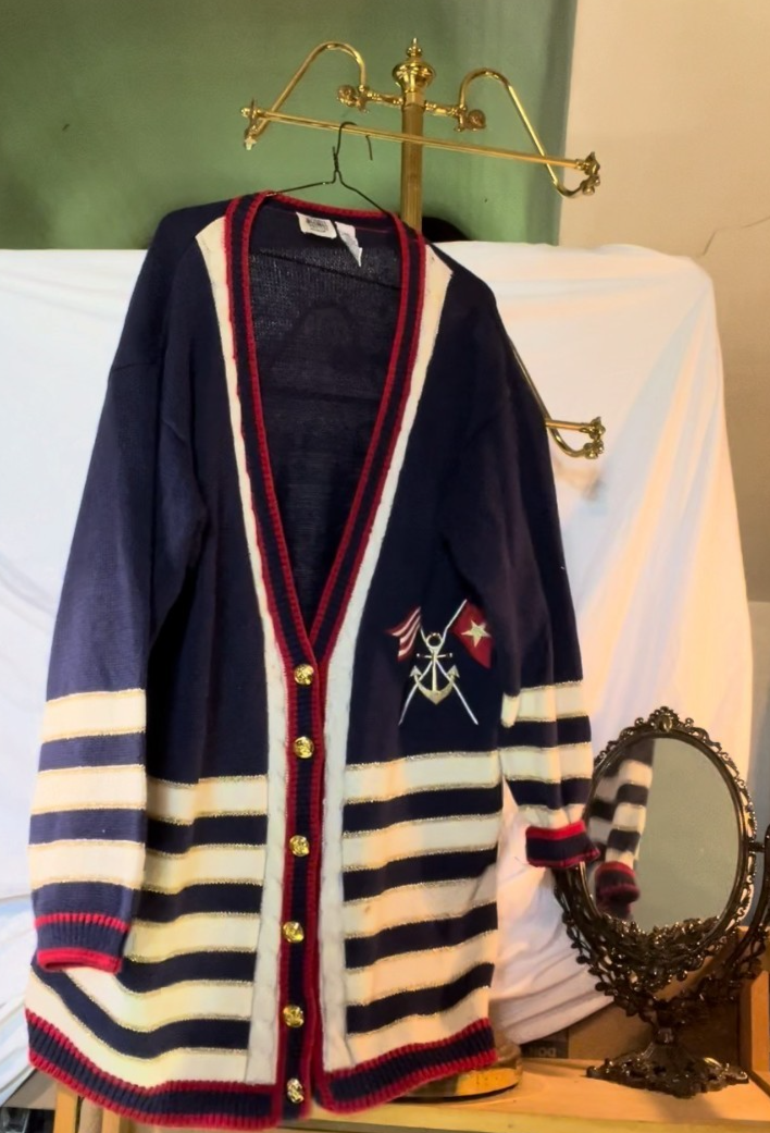 Vintage Maxwell Jetson Nautical Cardigan Women’s Navy Cream Striped Gold Buttons