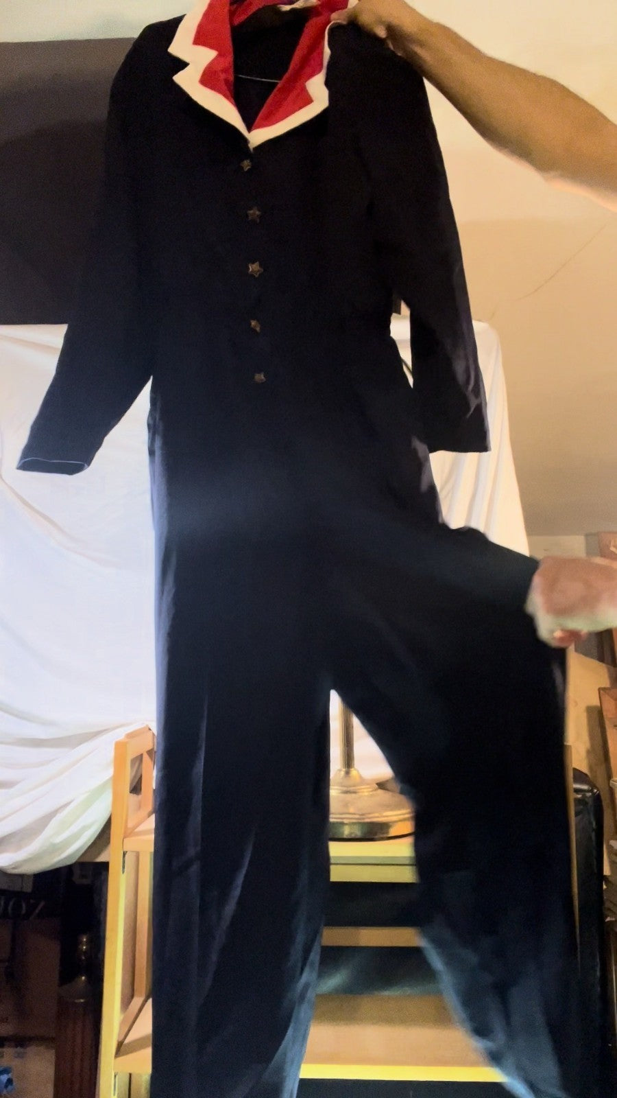Vtg Graver Studio Navy Blue Jumpsuit Red White Nautical Collar Flight Suit 80s