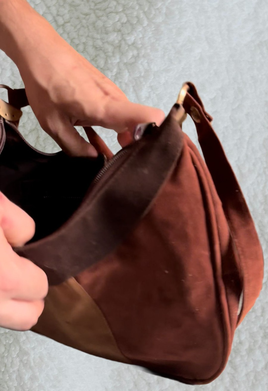 Vintage 1970s Suede Patchwork Boho Shoulder Bag Earth Tones Hobo Purse