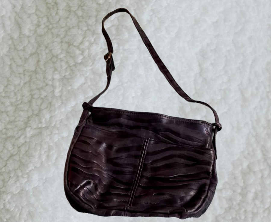 Vintage 1980s Embossed Leather Shoulder Bag – Zebra Texture, Minimalist Crescent