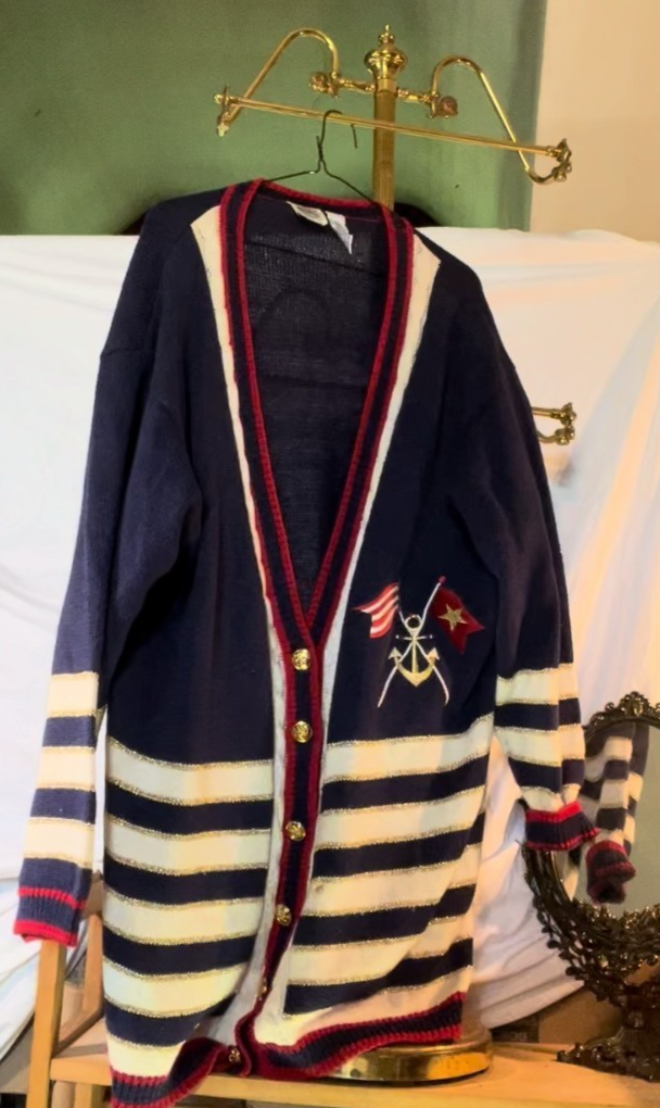Vintage Maxwell Jetson Nautical Cardigan Women’s Navy Cream Striped Gold Buttons