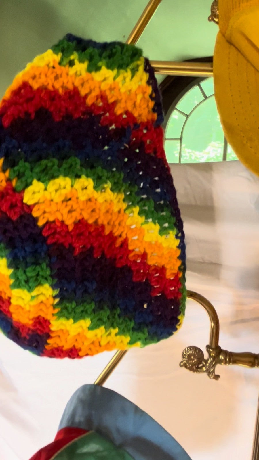 Vintage Crochet Rainbow Beanie Handmade Multicolor Stripe Knit Hat 80s 90s USA