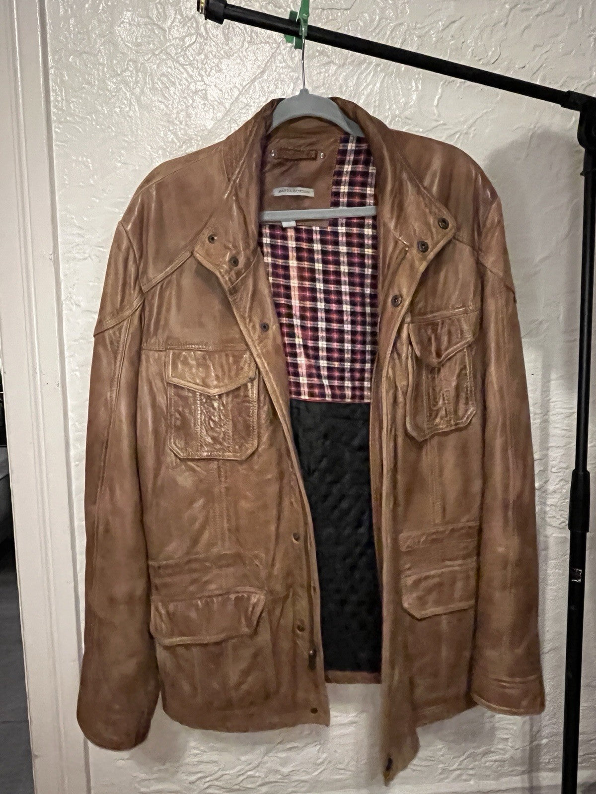 Vintage Martin Gordon 100% Leather Field Jacket Brown Plaid Lined Size Medium
