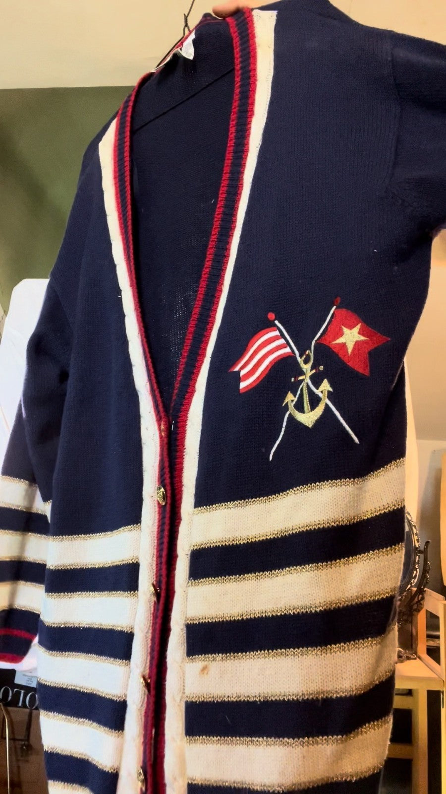Vintage Maxwell Jetson Nautical Cardigan Women’s Navy Cream Striped Gold Buttons