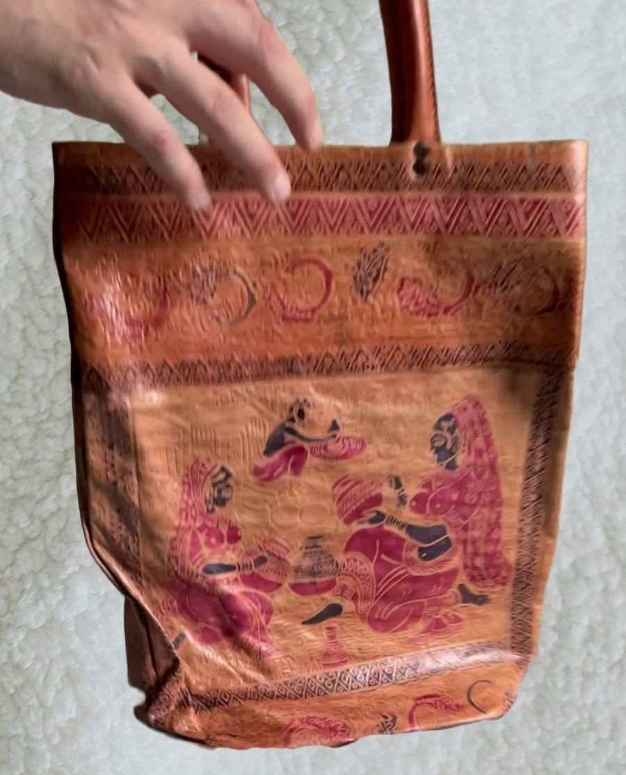 Punita Indian Tooled Leather Tote Bag Embossed On Sides, please watch video