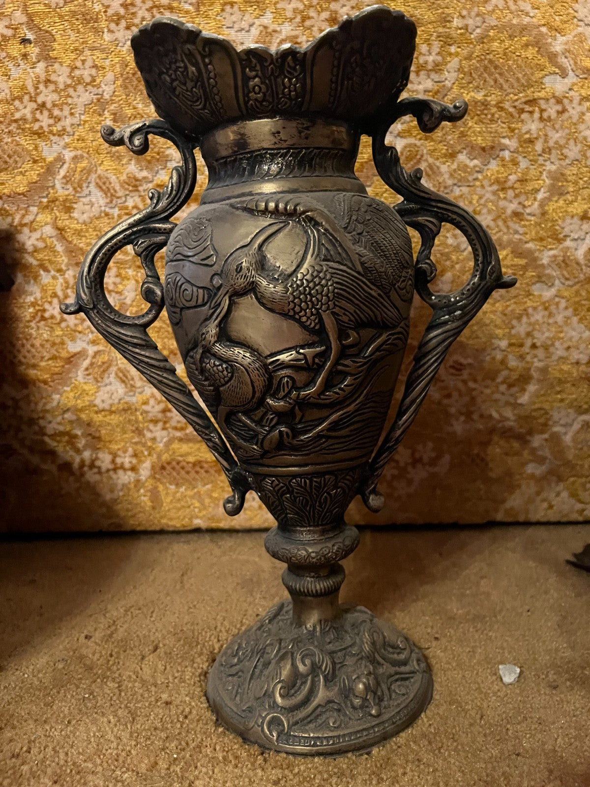 Art Nouveau Phoenix Double Handle Metal Vase 15 1/2”India