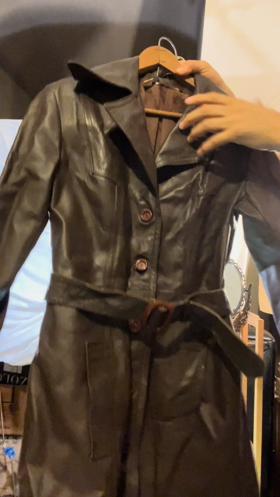 Vintage 70s Leather Trench Coat Belted Brown British Crown Colony Hong Kong M/L